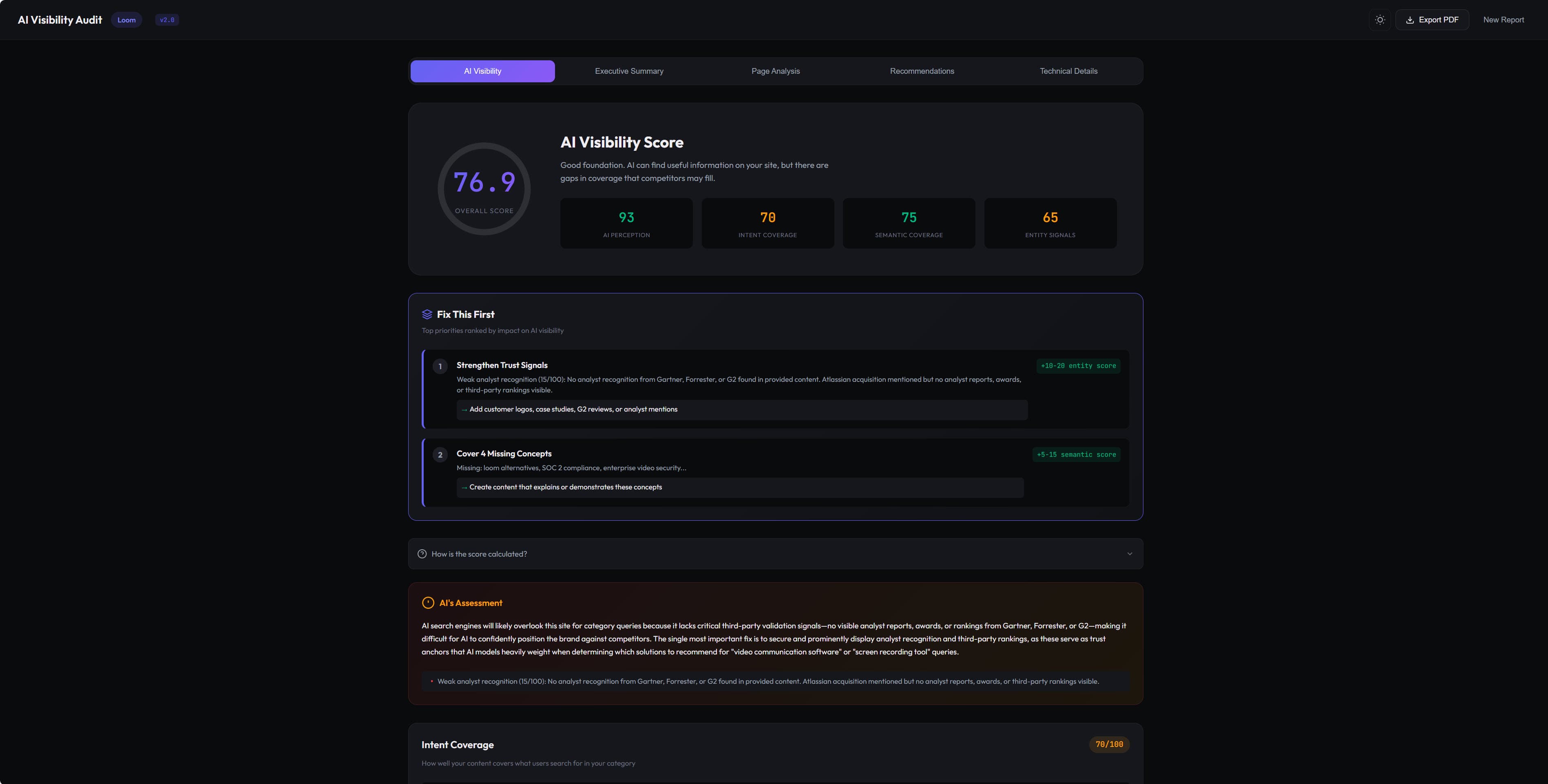 Loom AI Visibility Score breakdown showing 76.9 overall score with dimension scores